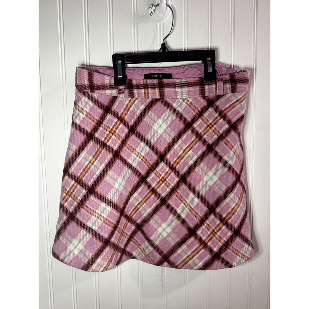Forever 21 Pink Plaid Mini Skirt A-Line Wool Blend Style Checkered Size Medium